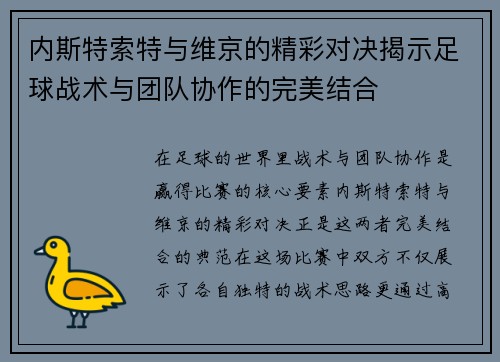 内斯特索特与维京的精彩对决揭示足球战术与团队协作的完美结合